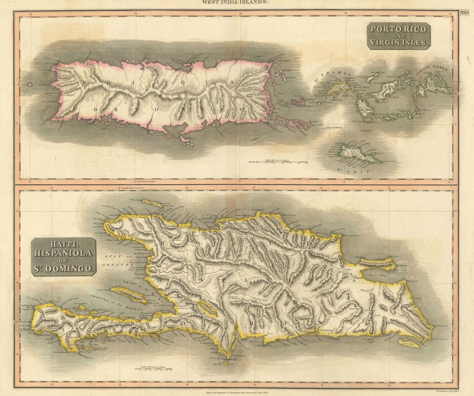 Puerto Rico & Virgin Islands. Haiti, Hispaniola or St. Domingo. THOMSON 1817 map: Porto Rico and Virgin Isles. Haiti, Hispaniola or St. Domingo' by Drawn & engraved by John & George Menzies for John Thomson's "New General Atlas" (Published in 1817. Engraved in February 1815; this d