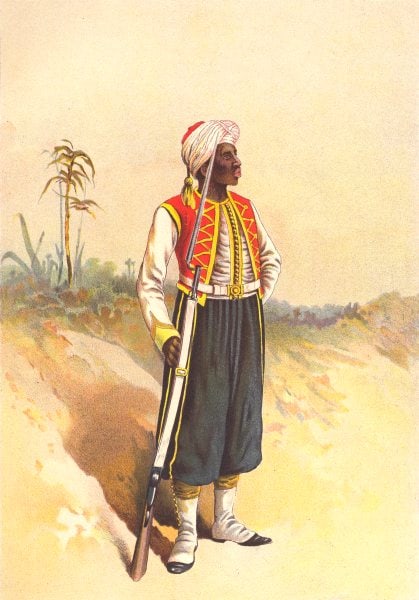 BRITISH ARMY UNIFORMS. The West India Regiment. West Indies 1890 old print: The West India Regiment' by Unsigned (1890). Antique chromolithograph (colour lithographic print), 15.0 x 21.5cm, 6 x 8.5 inches CAPTION PRINTED BELOW PICTURE: 'The West India Regiment' DATE PRINTED: 