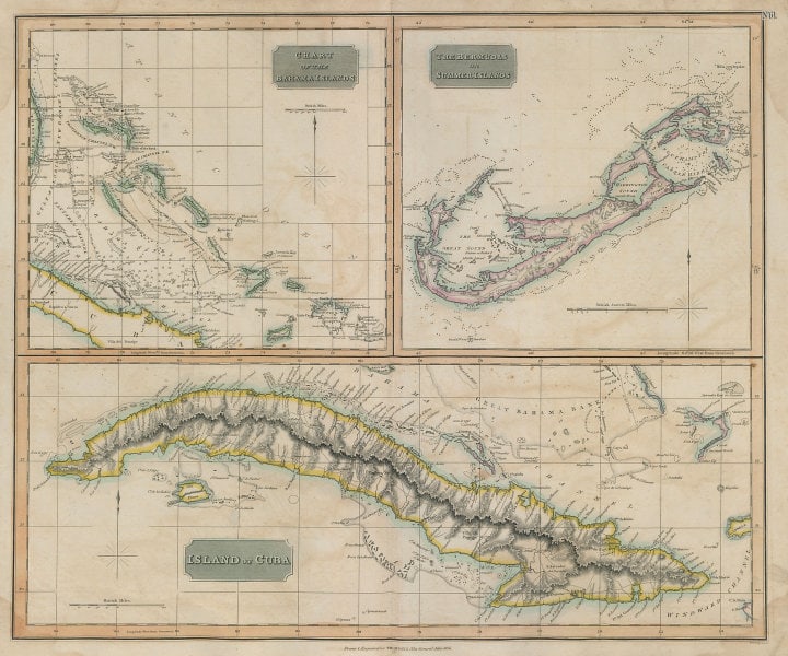 The Bahamas, Cuba & Bermuda "or Summer Islands". THOMSON 1817 old antique map: Chart of the Bahama Islands. The Bermudas or Summer Islands. Island of Cuba' by Drawn & engraved by Samuel John Neele for John Thomson's "New General Atlas" (Published in 1817. Engraved in 1816; this