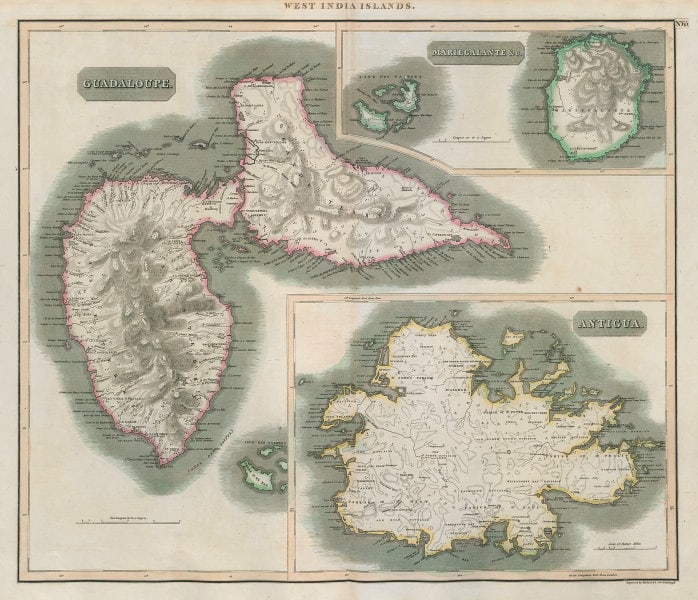 Antigua, Guadeloupe & Marie-Galante. Caribbean West Indies. THOMSON 1817 map: Antigua. Guadaloupe. Mariegalante &c' by Drawn & engraved by James Kirkwood & Son for John Thomson's "New General Atlas" (Published in 1817). Antique early 19th century atlas map with original hand co