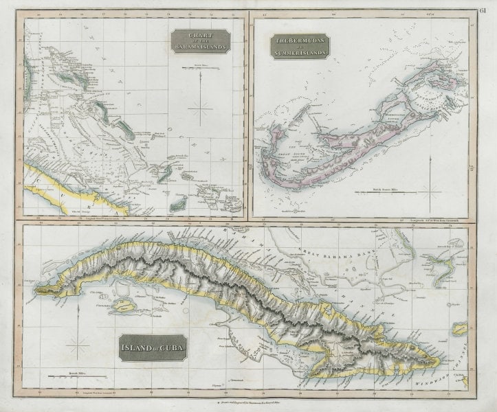 Cuba, the Bahamas & Bermuda "or Summer Islands". Turks & Caicos THOMSON 1830 map: Chart of the Bahama Islands // The Bermudas or Summer Islands // Island of Cuba' by Drawn & engraved by Samuel John Neele for John Thomson's "New General Atlas" (1830). Antique early 19th century atla
