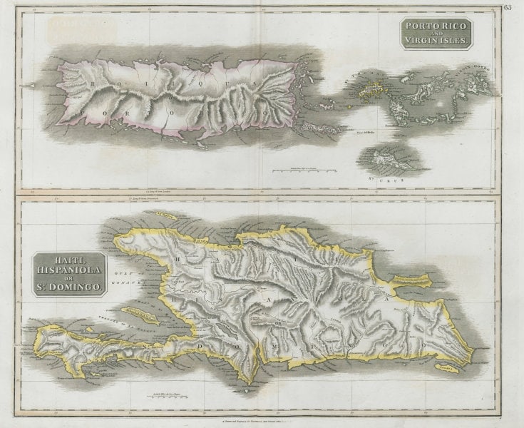 Puerto Rico & Virgin Islands. Haiti, Hispaniola or St. Domingo. THOMSON 1830 map: Porto Rico and Virgin Isles // Haiti, Hispaniola or St. Domingo' by Drawn & engraved by John & George Menzies for John Thomson's "New General Atlas" (1830). Antique early 19th century atlas map with o