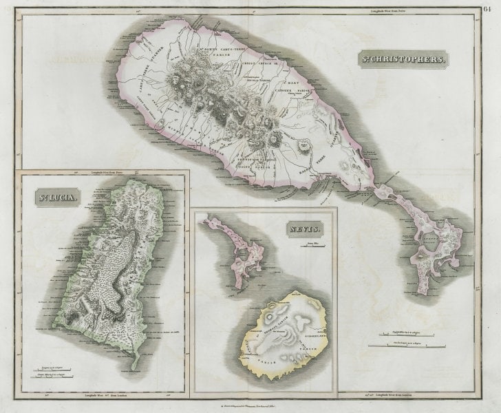 St Christophers, Nevis & St Lucia. St Kitts. West Indies. THOMSON 1830 old map: St Christophers // Nevis // St Lucia' by Drawn & engraved by James Kirkwood & Son for John Thomson's "New General Atlas" (1830). Antique early 19th century atlas map with original hand colouring, 52.5