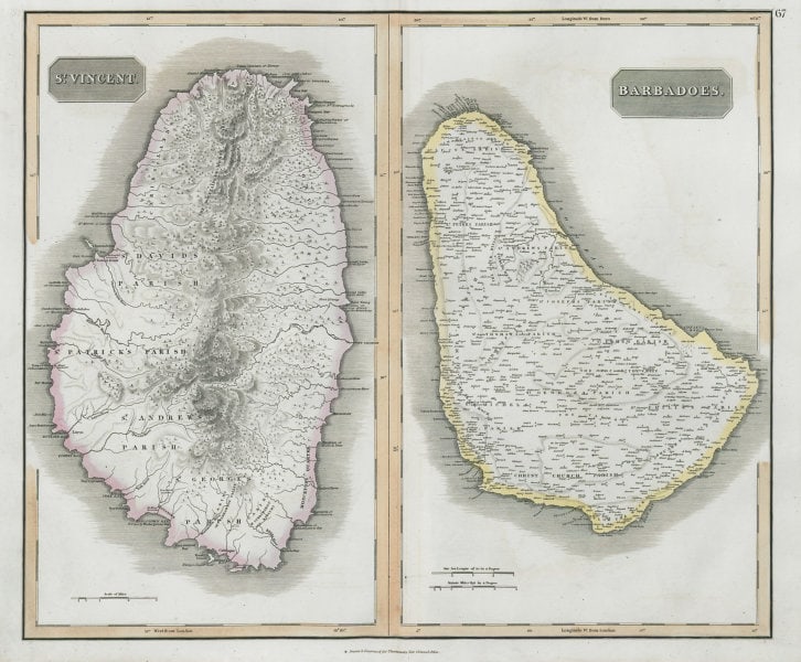 St Vincent & "Barbadoes". Barbados. West Indies Caribbean. THOMSON 1830 map: Barbadoes // St Vincent' by Drawn & engraved by James Kirkwood & Son for John Thomson's "New General Atlas" (1830). Antique early 19th century atlas map with original hand colouring, 52.5 x 63.5cm, 20