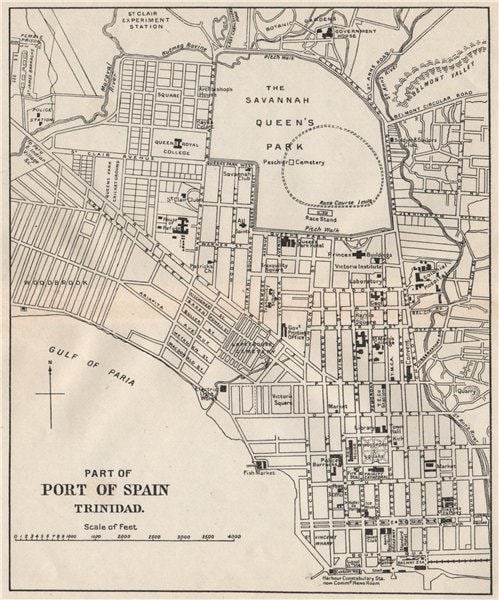 PORT OF SPAIN. Vintage map. Trinidad. West Indies. Caribbean 1927 old (1 of 2)