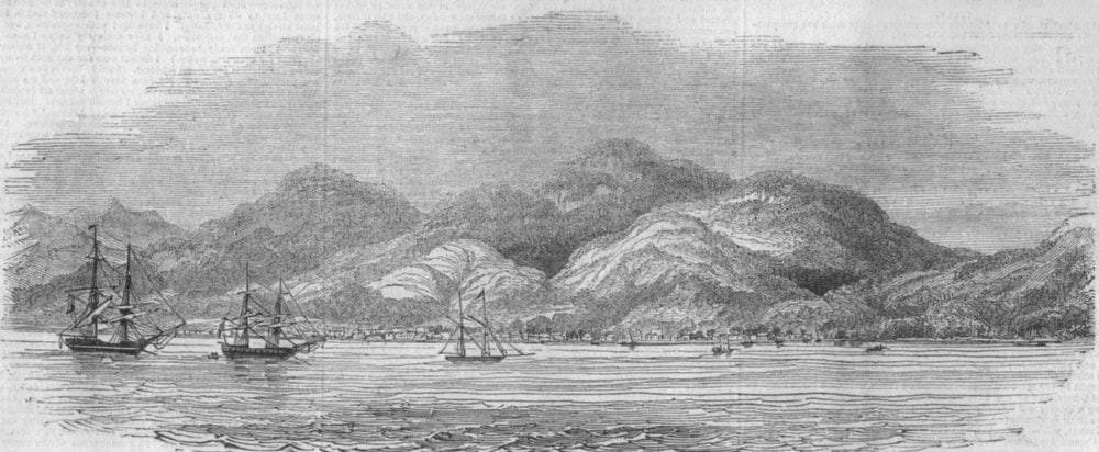 HAITI. Haiti. The city of Haiti, antique print, 1844: The city of Hayti' from Illustrated London News (1844). Antique wood engraved print, 9.0 x 23.0cm, 3.5 x 9 inches Haiti (French: Haïti; Haitian Creole: Ayiti), officially the Republic of Haiti (R