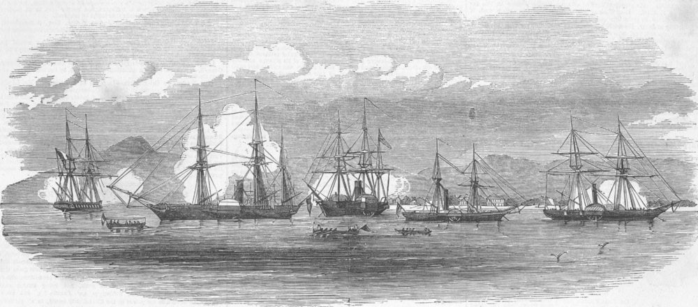 HAITI. English & French ships, harbour of Gonaive, antique print, 1851 (1 of 1)