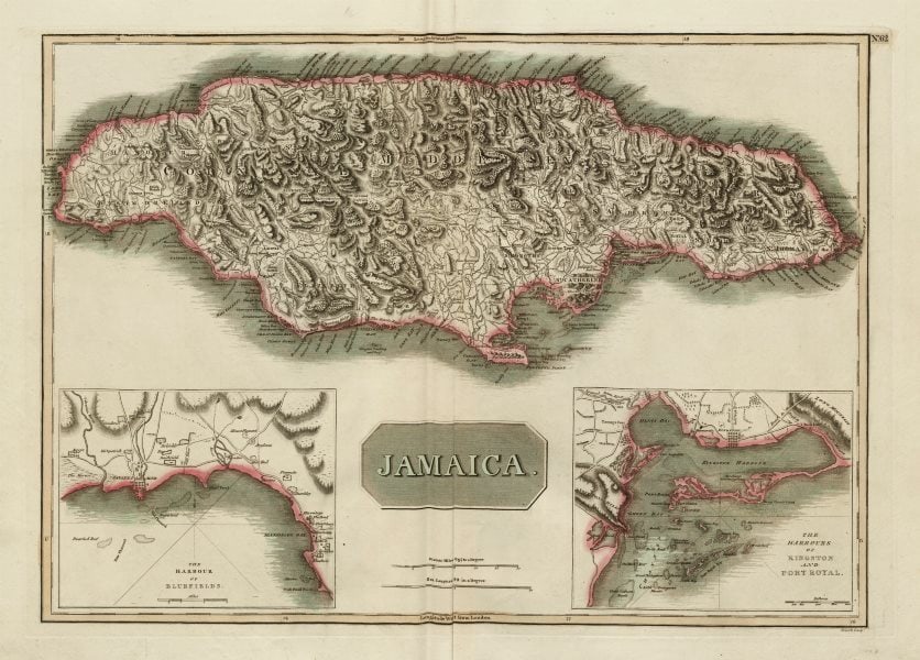 Jamaica. Kingston Port Royal Bluefields/Savanna-la-Mar inset. THOMSON 1817 map: Jamaica. The harbour of Bluefields, The harbours of Kingston and Port Royal' by Drawn & engraved by Thomas Clerk for John Thomson's "New General Atlas" (Published in 1817). Antique early 19th century