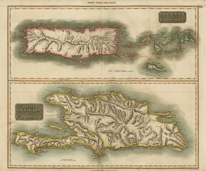 Puerto Rico & Virgin Islands. Haiti, Hispaniola or St. Domingo. THOMSON 1817 map: Porto Rico and Virgin Isles. Haiti, Hispaniola or St. Domingo' by Drawn & engraved by John & George Menzies for John Thomson's "New General Atlas" (Published in 1817. Engraved in February 1815; this d