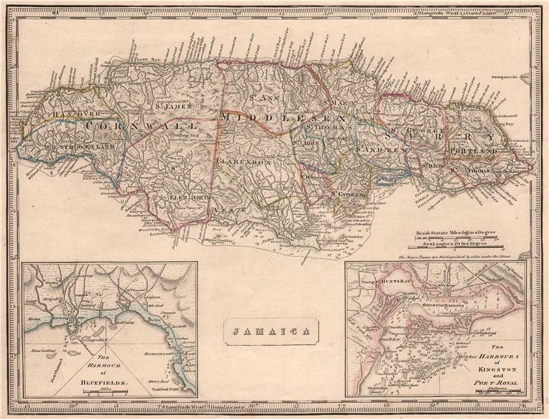 JAMAICA w/ Kingston Port Royal Bluefields Savanna harbour. JOHNSON 1850 map: Jamaica; Inset maps of The Harbour of Bluefields; The Harbours of Kingston and Port Royal' by Thomas Johnson (1850). Antique engraved map with original outline colour, 26.5 x 35.0cm, 10.5 x 13.75 inch