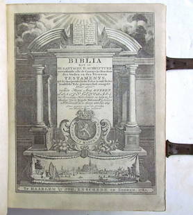 1782 BIBLE LEATHER BOUND w/ CLASPS BIBLIA SACRA antique in DUTCH NETHERLANDS: Biblia dat is de gantsche H. Schrifture vervattende alle de Canonycke Boecken des Ouden en Nieuwen Testaments. Haarlem, J. Enschedé en Zoonen, 1782, 5 parts in 1 volume Engraved title-page w/