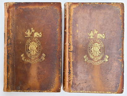 1865 ESSAYS by LORD MACAULAY 2 VOLUMES antique ARMORIAL BINDINGS: ESSAYS by LORD MACAULAY 2 VOLUMES London; 1865 Volume I and III (of 3) Size 5 3/4 by 8 3/4" Original leather with gilt coat of arms of Knockgray Bindings worn, rebacked, leather is dry Very good inter