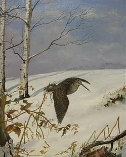 Woodcock/ Snipe in Winter Snow Landscape, British Sporting Art oil painting: Artist/ School: British School, signed with monogram, 20th century Title: Woodcock/ Snipe in flight over winter snow landscape Medium: signed oil painting on board, framed. framed: 29 x 25 inches boar