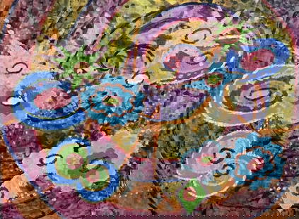 1960''s British Surrealist Oil Painting - ''Party of Colour'' Abstract circa 1960''s: Stunning original oil painting by Elvic Steele depicting this surrealist fantasy abstract painting. Elvic Steele is a fascinating English painter. Her works entrance the observer, drawing them into he