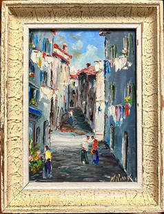 Vintage French Sleepy Street Scene Nice South of France Signed Oil Painting: The Old Street, Nice French School, mid 20th century signed oil painting on board, framed inscribed verso framed: 8.5 x 6.5 inches canvas: 7 x 5 inches provenance: private collection, France