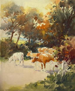 British Impressionist Painting Autuminal Landscape Cattle Crossing The Road Mid 20th Century: Frank Duffield (British, 1908-1982) original watercolour painting on board, unframed size: 13 x 11 inches condition: overall very good, minor wear to the edges as is normal for an unframed work,