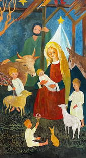 1950''s Modernist/ Cubist Painting - Nativity Scene 1950''s: French Landscape by Bernard Labbe (French mid 20th century) original gouache on artist paper, unframed size: 29.5 x 17 inches condition: very good and ready to be enjoyed - with a small tear in top ri