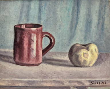 20th Century French Modernist Signed Oil Still Life Apple & Mug: French School, late 20th century signed oil painting on canvas, unframed canvas: 13 x 16 inches provenance: private collection, France condition: very good and sound condition Details: Creator: French