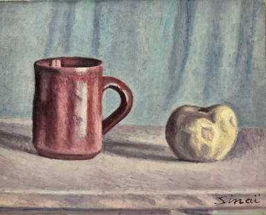 20th Century French Modernist Signed Oil Still Life Apple & Mug: French School, late 20th century signed oil painting on canvas, unframed canvas: 13 x 16 inches provenance: private collection, France condition: very good and sound conditionDetails: Creator: 