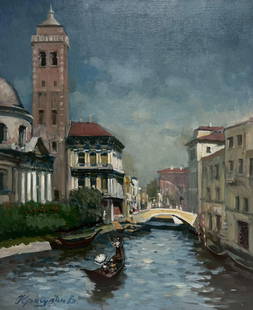 Tranquil Venetian Canal Backwater by Russian Impressionist artist, signed: Venice Russian School, indistinctly signed front and back oil painting on canvas, unframed canvas: 24 x 20 inches provenance: private collection, UK condition: very good and sound condition Details: C