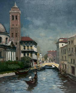 Tranquil Venetian Canal Backwater by Russian Impressionist artist, signed: Venice Russian School, indistinctly signed front and back oil painting on canvas, unframed canvas: 24 x 20 inches provenance: private collection, UK condition: very good and sound conditionDetails: