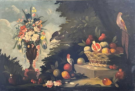 Huge 19th Century Italian Classical Still Life Ornamental Birds Fruit & Flowers 19th century: Ornamental Still Life with fruit, flowers and birds Italian School, 19th century oil painting on canvas, unframed size: 31.5 x 47 inches condition: relined canvas and in very good and presentable cond