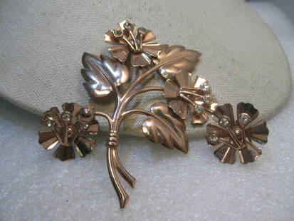 Vintage Sterling Copper Floral Brooch, Matching Earrings Rhinestone Accents, 3.5", 1940's, 16.62gr.: Vintage Copper over Sterling Floral Brooch and Earrings Set, Screw Back Rhinestone Accents - 1940's - this is a bold pin at 3.5" tall and 2.5" wide. I've seen these marked as hat pins too - must be a