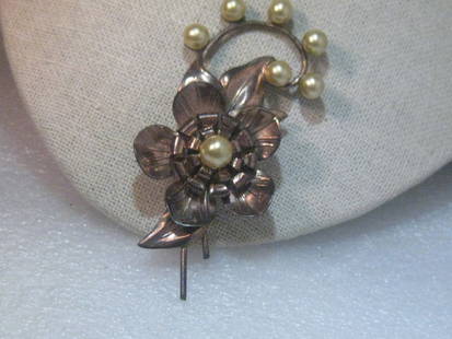 Vintage Copper of Sterling Floral 1940's Brooch, faux pearls, 3.25: Vintage 1940's Faux Pearl Sterling Floral Brooch - sterling with copper plating. This is 3.25" tall and 1.5" wide. It has 6 7mm faux champagne colored pearls on the top curved vine of the brooch with