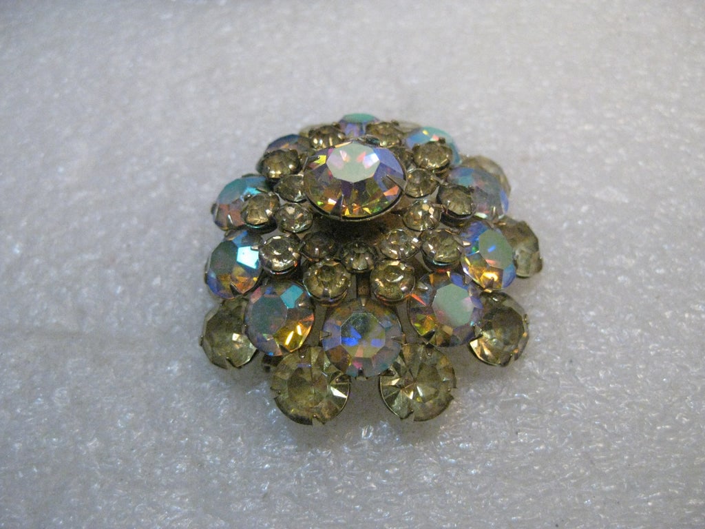 Vintage Yellow & Purple Rhinestone Brooch, Aurora Borealis, Domed, 1.75" (1 of 8)