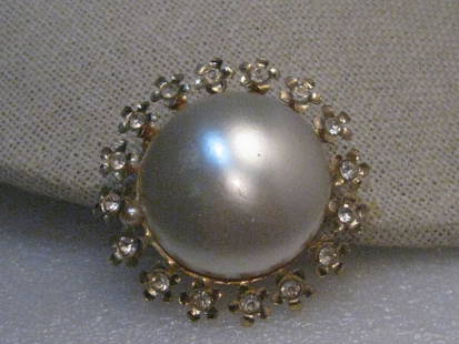 Vintage Faux Pearl Rhinestone Brooch, 1950's/1960's, 1.5" Round, Gold Tone: Vintage Faux Pearl Rhinestone Brooch, signed Coro - it is 1.5" wide with a halo of rhinestones set in little floral cups surrounding the faux domed pearl. Signed Coro on the pinback. Very good conditi
