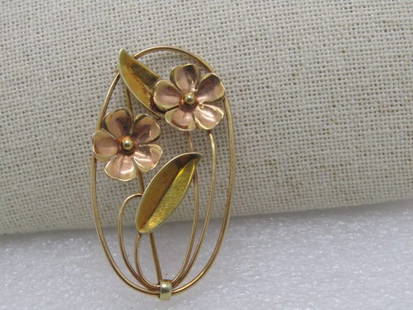 Vintage 14kt Solid Floral Brooch,Two-Tone, Open Oval, Signed WL (Walter Lampl?), 2-1/8", 1940's,: Vintage from the 1940s Length: 2 1/8 Inches; Width: 1 1/8 Inches Materials: Gold Style: Mid-century Description Vintage 10kt Solid Gold Floral Brooch, Rose Gold and Yellow Gold, signed Wl for, I think