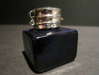 Thick Glass Square Cobalt Blue Inkwell Ink pot Bottle: Charming 1 1/2" x 1 1/2" x 1 7/8" tall Reproduction antique cobalt blue glass inkwell. Very heavy thick glass each with charming subtle signs of being hand made. The hinged shiny lid is silver plated