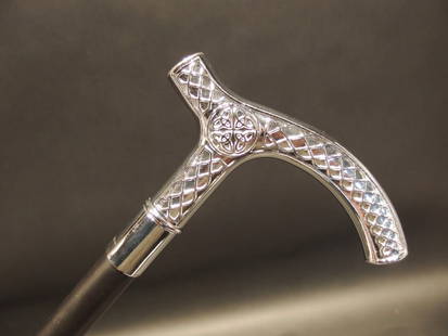 36" Vintage Antique Style Silver & Black Celtic Metal Slim Walking Stick Cane: 36" Long,.. Handle is 5 1/2" Long 7/8" circumference Wonderful reproduction walking cane, cast from an original. The handle is all heavy solid metal with a hollow metal shaft. Nice quality! Reserve: $