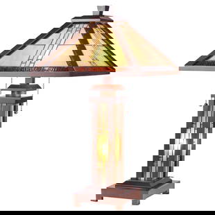 25.6 3 light Stained Glass Wood Mission Table Lamp: Wattage/Bulb Types (2) 60 Watt max E26 Type A Bulb + (1) max 25 Watt E12 Type C Bulb (Type A bulb not included) Net Weight (lbs) 8.82 Overall Length 15" Overall Width 15" Overall Height 25.6" Overall