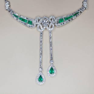 Original Art Deco Platinum Diamond and Emerald Necklace: Description This is an authentic vintage necklace handmade in the Art Deco Era Circa 1920. This necklace centers one old European cut diamond of H color and VS1 clarity that weighs 0.72ctw. It also