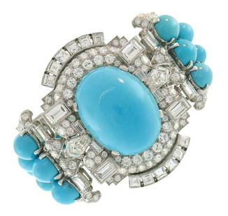 Trabert & Hoeffer-Mauboussin Vintage Bracelet Platinum Persian Turquoise Diamond: VK IUOOO Trabert & Hoeffer-Mauboussin Persian Turquoise Diamond Platinum Bracelet Outstanding Art Deco Revival bracelet created by Trabert & Hoeffer-Mauboussin in the 1950s. Made of platinum, the brac