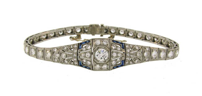 Diamond Sapphire Platinum BRACELET 1910s Art Deco: VK ITOO Art Deco 1910s Diamond Sapphire Platinum Bracelet Classy and timeless Art Deco bracelet - great addition to your jewelry collection. Weight 21.0 grams. Made of platinum (tested), set with Old