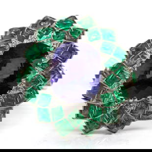 Handmade Art Deco Style Natural Sapphire and Emerald Ring: Handmade Art Deco Style Natural Sapphire and Emerald Ring Description The Maeve ring is a handmade ring which centers one natural cushion cut sapphire that weighs 4.07ctw. The center stone is surround