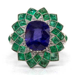 Handmade Art Deco Style Natural Sapphire and Emerald Ring: Handmade Art Deco Style Natural Sapphire and Emerald Ring Description The Maeve ring is a handmade ring which centers one natural cushion cut sapphire that weighs 4.07ctw. The center stone is