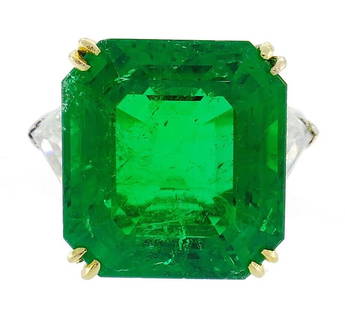 Vintage Harry Winston Emerald Diamond Platinum RING 14.04 Carat Colombian AGL: VK JNOOOO HARRY WINSTON 14.04-carat Colombian Emerald (AGL) Diamond Platinum Ring Stunning three-stone platinum ring created by Harry Winston. The ring features an amazing color with fascinating glow