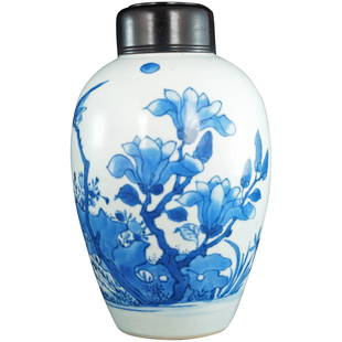 Chinese Transitional Jar 1620-1683: Title: Chinese Transitional Jar 1620-1683Size: 7” tall x 4 ½“ diameter.Description:A hand painted blue and white jar from the Chinese transitional period showing the vibrancy and