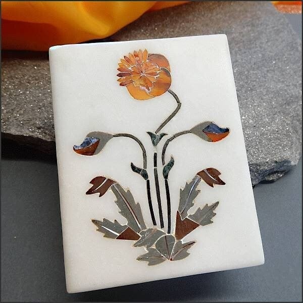 Rare 1950s Vintage Italian Marble Mosaic Box Poppy Flower #16755 (1 of 8)