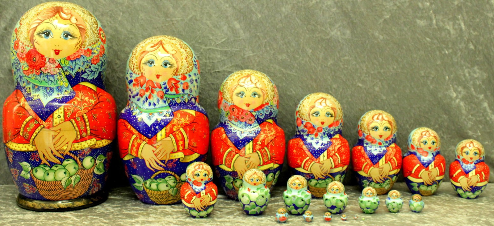 Matreshka: Large Matreshka. Traditional russian wooden nesting doll, handmade, handpainted with artist’s signature. Sergiyev Posad, 20 psc. Dimensions: 0.0 × 17.0 × 31.0 cm" Reserve: $440.00 Ship