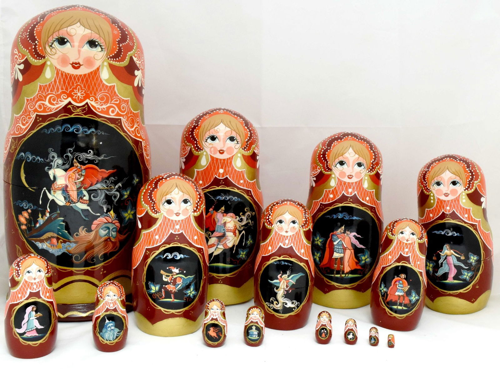 Matreshka: Large Matreshka – poem by Alexander Pushkin “Ruslan and Ludmila”. Traditional russian wooden nesting doll. Hand made, hand painted with artist’s signature. Sergiyev Posad, 15 p