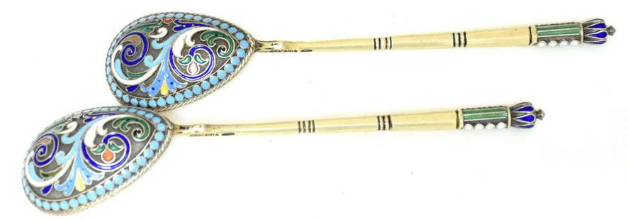 Two spoons, silver: Two Russian silver spoons. Stamped 88, master mark “Ljubawin”, weight of two spoons – 55 gr., enamel. Dimensions: 14 × 3 cm Century: 19" Reserve: $550.00 Shipping: Domestic: