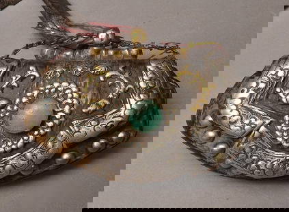 Tibetan Mechag -Tobacco Pouch: Title: Tibetan Mechag -Tobacco Pouch Description: Tibetan Mechag -Tobacco Pouch-Chuck Muck-Tibet 19th c Tabacco purse with brass fish and silver findings and torquoise on leather. Made of leather with