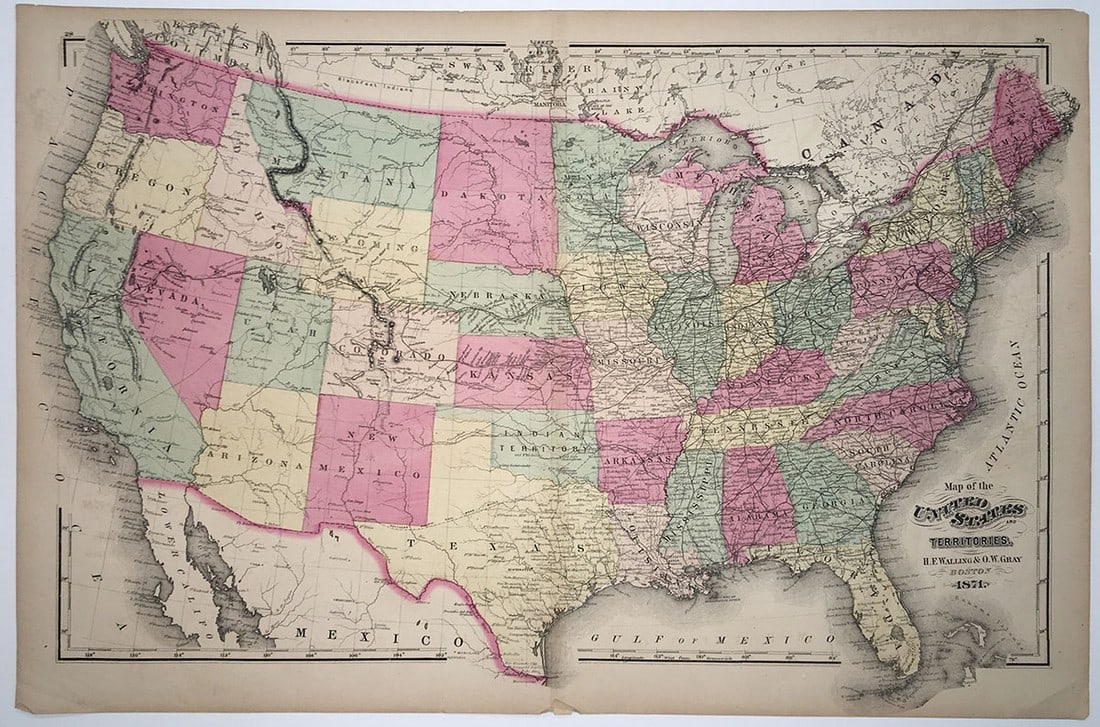 Map of the United States and Territories: Publication Date: 1871 Title: Map of the United States and Territories Cartographer: H.F. Walling & O.W. Gray Publisher: H.F. Walling & O.W. Gray Height: 16.5 Width: 25.3 Detailed map showing U.S. as 