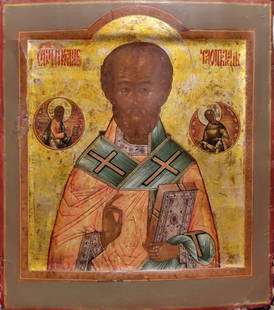 ANTIQUE 19c RUSSIAN HAND PAINTED ICON THE ST.NICHOLAS: STUNNING ANTIQUE RUSSIAN ORTHODOX HAND PAINTED ICON OF THE ST.NICHOLAS. SIZE H : 12 1/4 " W 10 1/2INCHES (31,5 x 26,5 cm). Reserve: $1,295.00 Shipping:Domestic: Flat-rate of $40.00 to anywhere