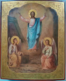 ANTIQUE 19c HAND PAINTED RUSSIAN ICON RESURRECTION OF CHRIST ON GOLD: FLAWLESS ANTIQUE 1880 RUSSIAN ICON OF RESURRECTION Of CHRIST MOSCOW SCHOOL. EXTREMELY RARE VERY GOOD CONDITION . SIZE : H 9 3/4 x 8 INCHES (24,5 x 20cm) Reserve: $1,995.00 Shipping: D