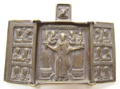 RUSSIAN travelers icon TRIPTYCH of ST.NICHOLAS BRONZE ANTIQUE 18th century: RUSSIAN travelers icon TRIPTYCH of ST.NICHOLAS of MOJAISK Size in open condition 3 by 4" Reserve: $245.00 Shipping: Domestic: Flat-rate of $25.00 to anywhere within the contiguous U.S. International: